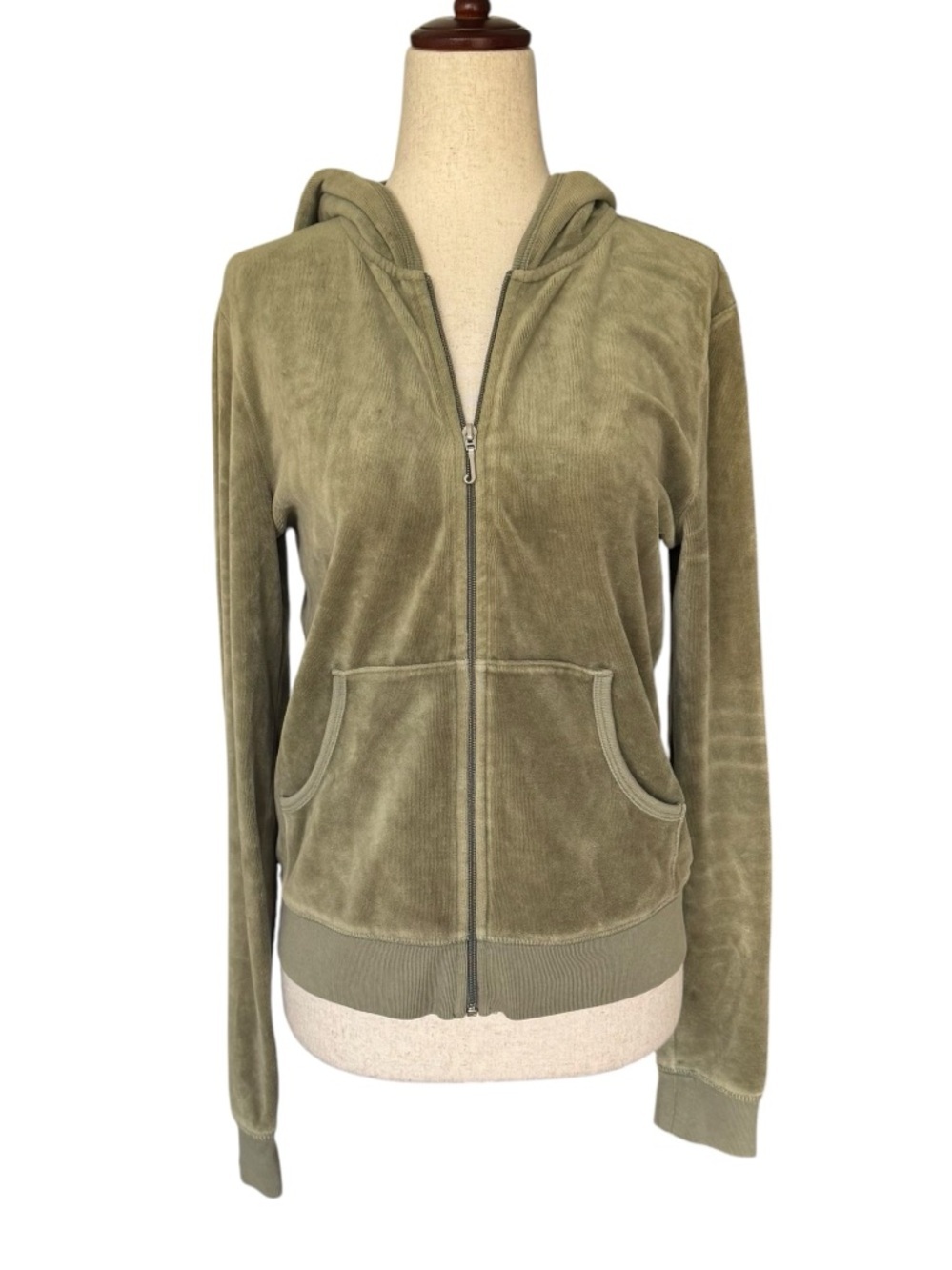 Vintage Y2K Juicy Couture Olive Green Velour Hoodie Zip Up Jacket size XL